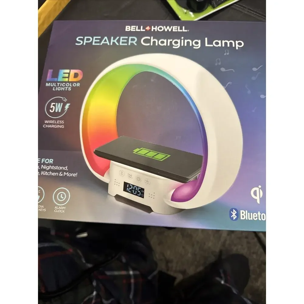Bell + Howell Bluetooth Speaker Table Lamp Wireless Phone Charger Stand Alarm